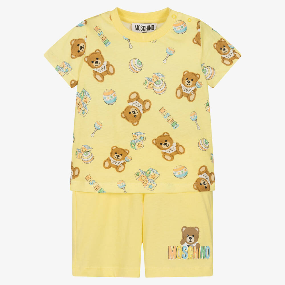 Moschino Baby - Yellow Cotton Teddy Logo Shorts Set | Childrensalon