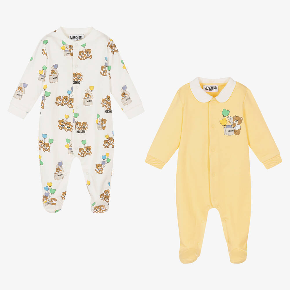 Moschino Baby - Yellow & White Babygrow (2 Pack) | Childrensalon