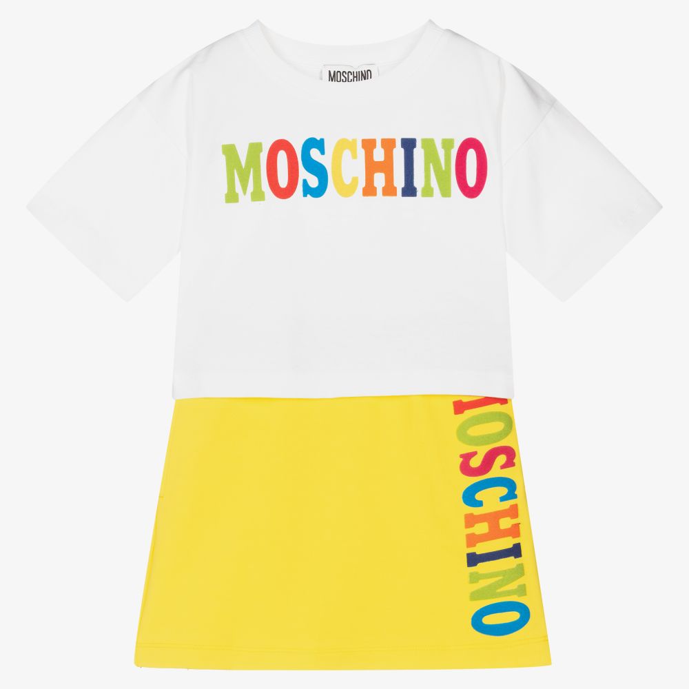 Moschino Kid-Teen - طقم تنورة قطن جيرسي لون أصفر وأبيض | Childrensalon