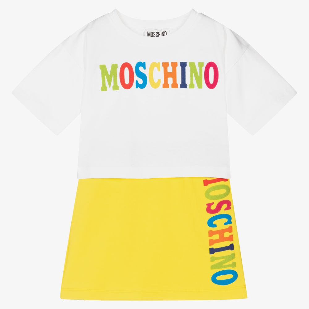 Moschino Kid-Teen-طقم تنورة قطن جيرسي لون أصفر وأبيض | Childrensalon Outlet