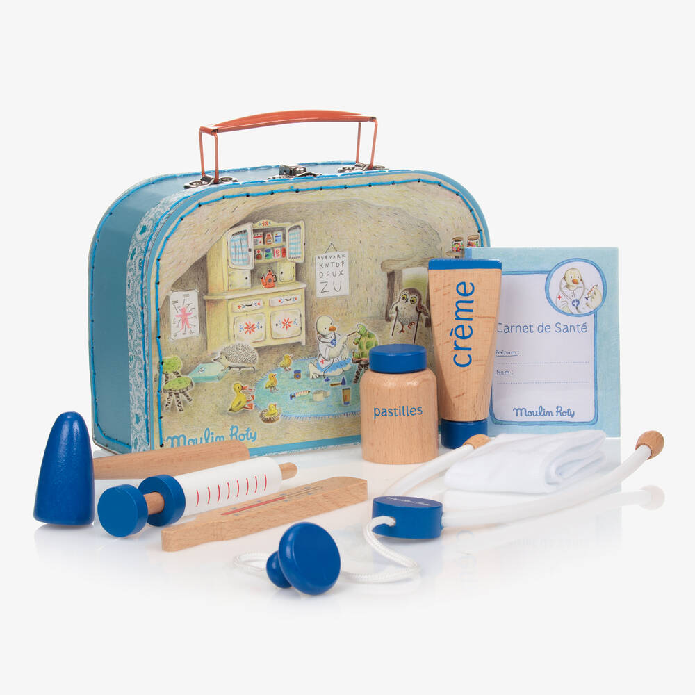 Moulin Roty - Синяя докторская сумка из дерева с игрушками (20см) | Childrensalon