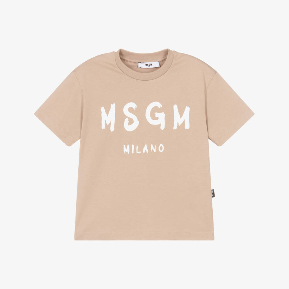 MSGM-Beige Cotton Brushed Logo T-Shirt | Childrensalon Outlet