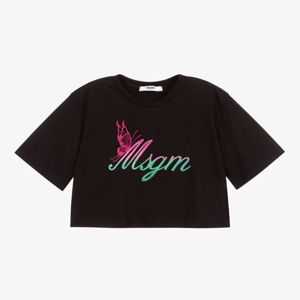 MSGM - Black Cropped Logo T-Shirt | Childrensalon