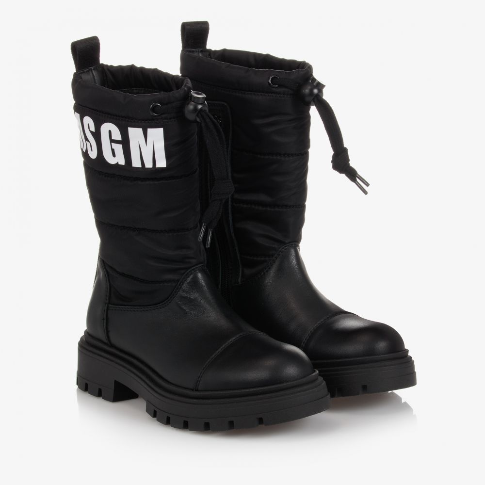 MSGM - Black Leather Logo Boots | Childrensalon
