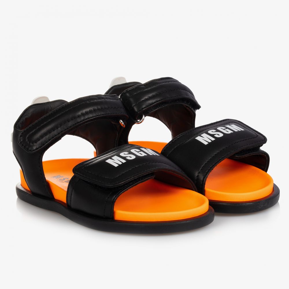 MSGM - Black Logo Leather Sandals | Childrensalon