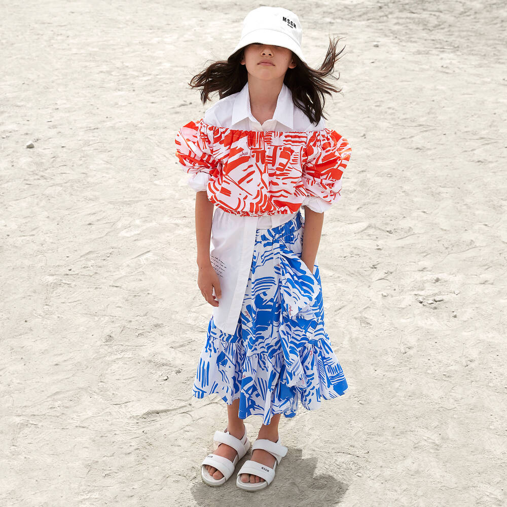 MSGM-تنورة قطن مزينة بكشكش لون أزرق وأبيض | Childrensalon Outlet