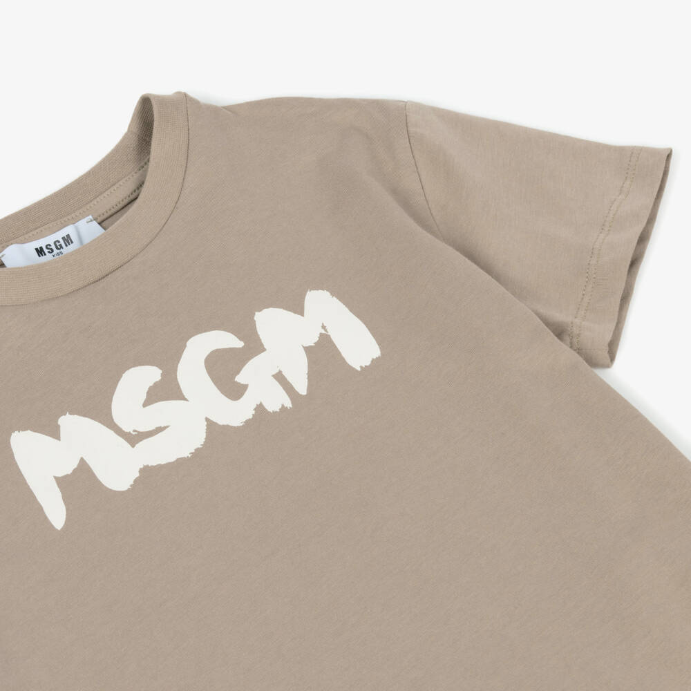 MSGM-Boys Beige Cotton Logo Tee | Childrensalon Outlet