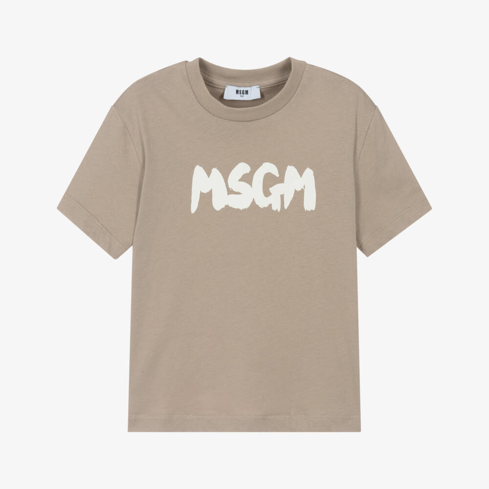 MSGM-Boys Beige Cotton Logo Tee | Childrensalon Outlet