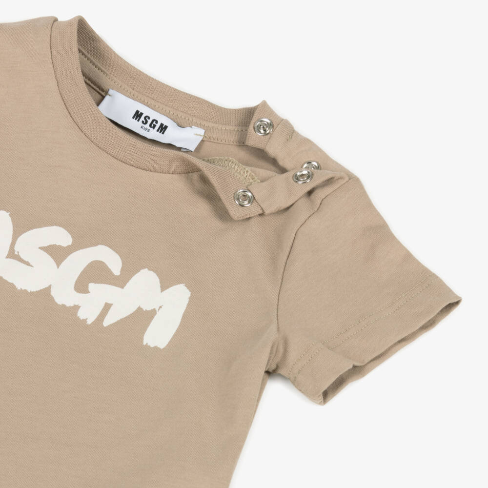 MSGM-Boys Beige Cotton Signature Tee | Childrensalon Outlet