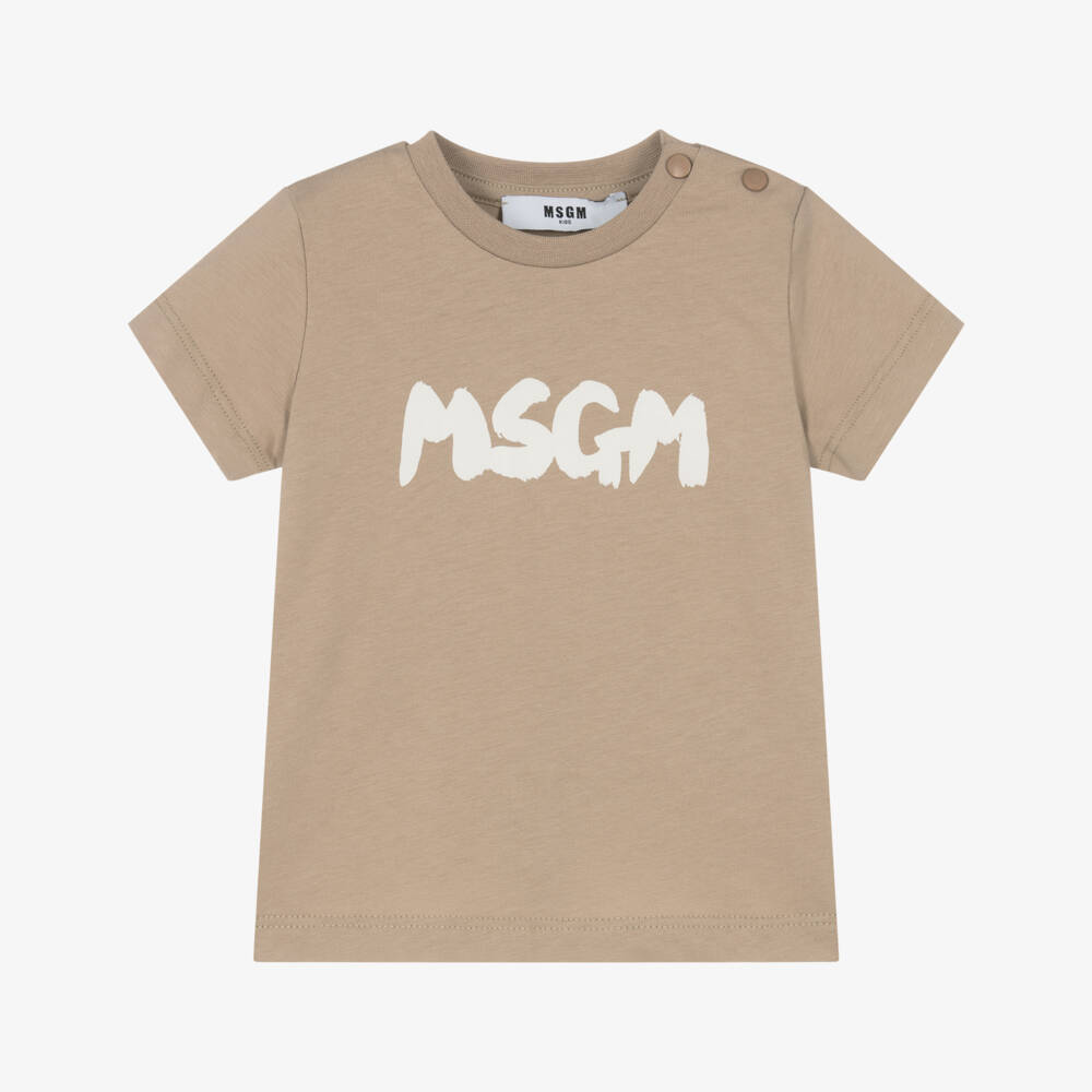 MSGM-Boys Beige Cotton Signature Tee | Childrensalon Outlet