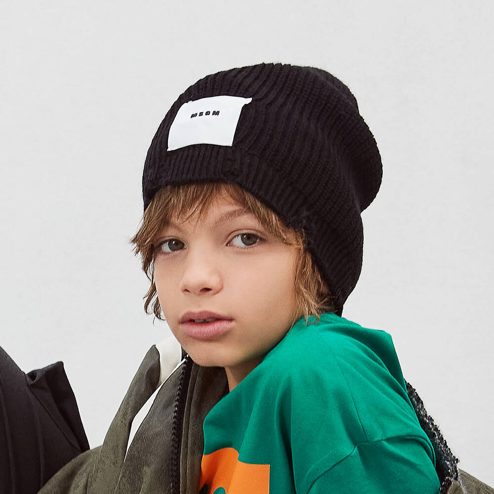 MSGM Boys Black Wool Beanie Hat Childrensalon Outlet