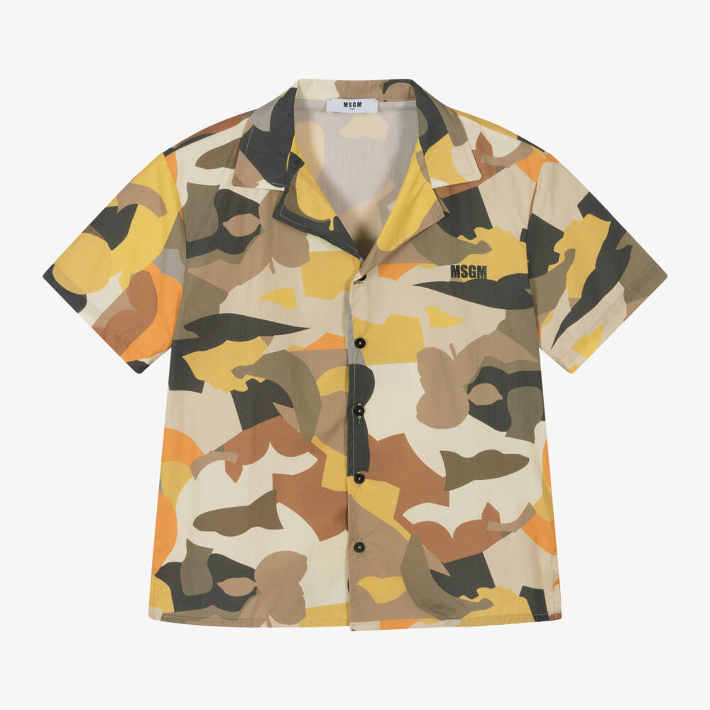 MSGM-قميص أولاد بألوان ترابية ونقشة كامو بأزرار | Childrensalon Outlet