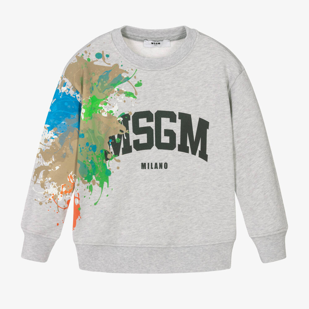MSGM - Boys Grey Cotton Paint Splash Logo Sweatshirt | Childrensalon