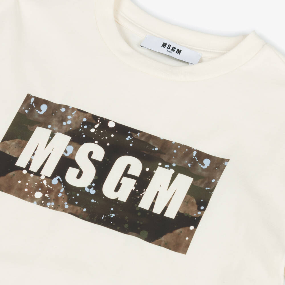 MSGM-تيشيرت قطني أبيض برسومات للأولاد | Childrensalon Outlet