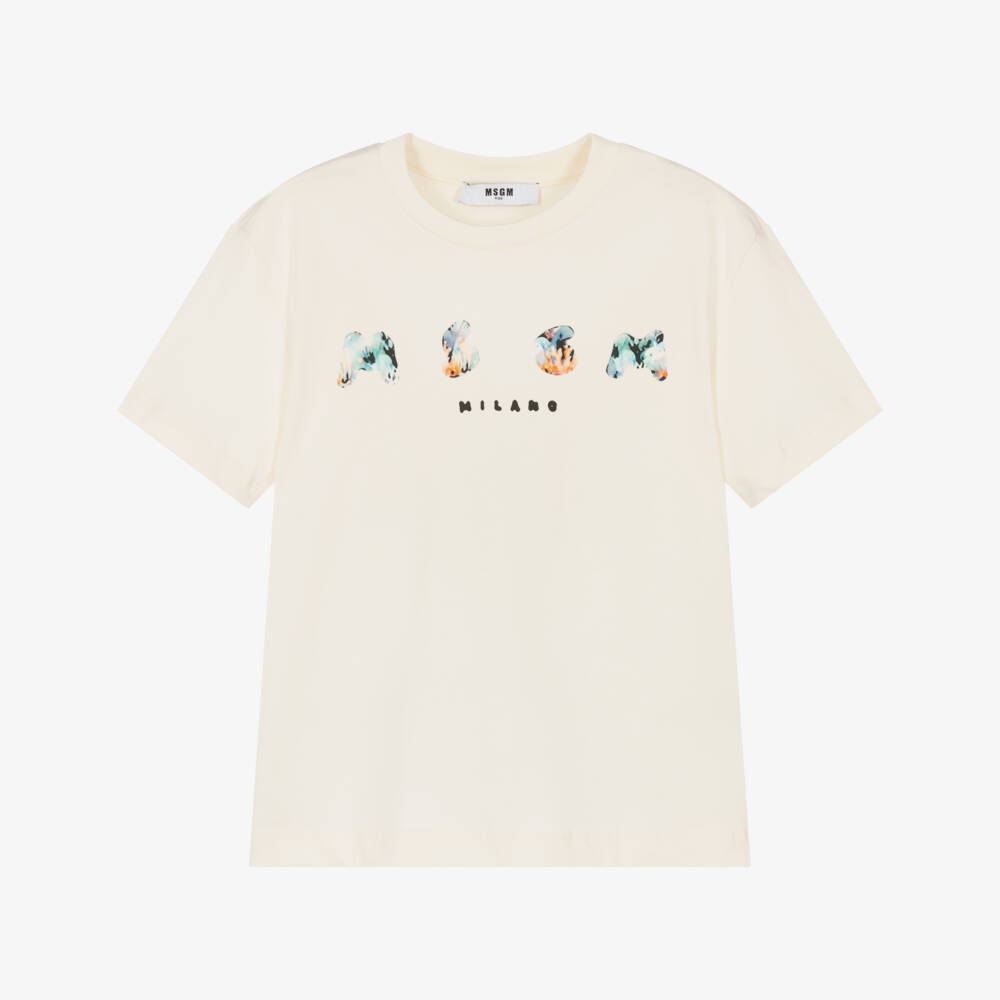 MSGM-Boys Ivory Logo Cotton Tee | Childrensalon Outlet