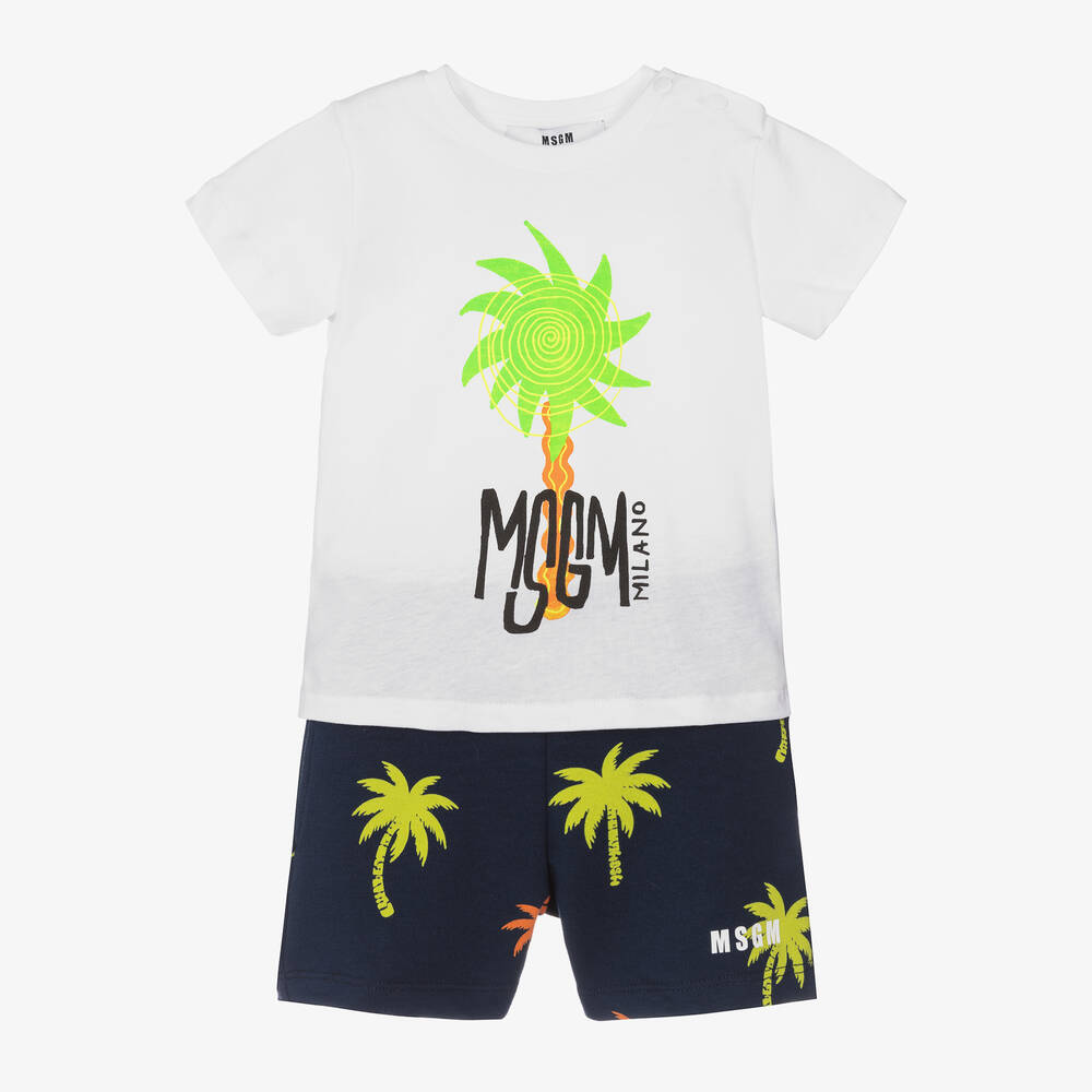MSGM-Boys White & Blue Palm Tree Shorts Set | Childrensalon Outlet