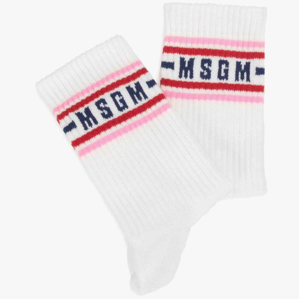 MSGM-Boys White Ribbed Logo Socks | Childrensalon Outlet