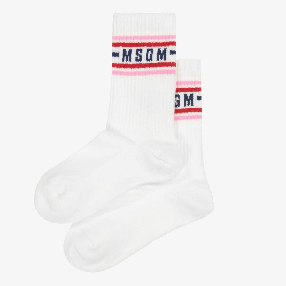 MSGM-Boys White Ribbed Logo Socks | Childrensalon Outlet