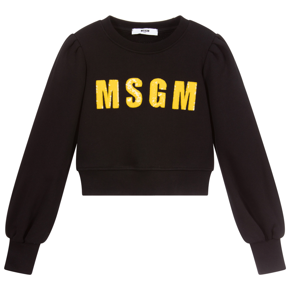 MSGM - سويتشيرت قصير قطن وترتر لون أسود و أصفر للبنات | Childrensalon
