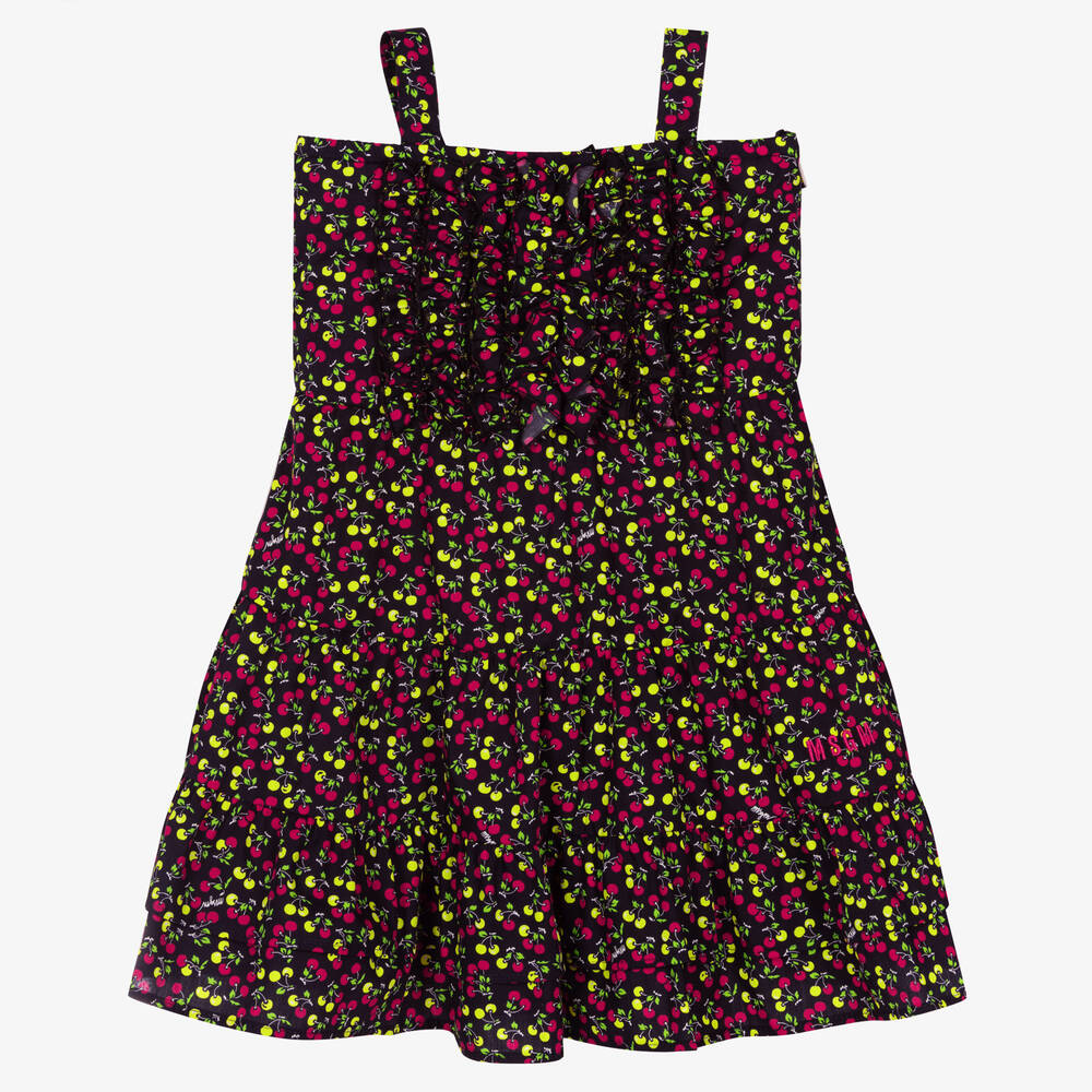 MSGM - Robe noire en coton à cerises fille | Childrensalon