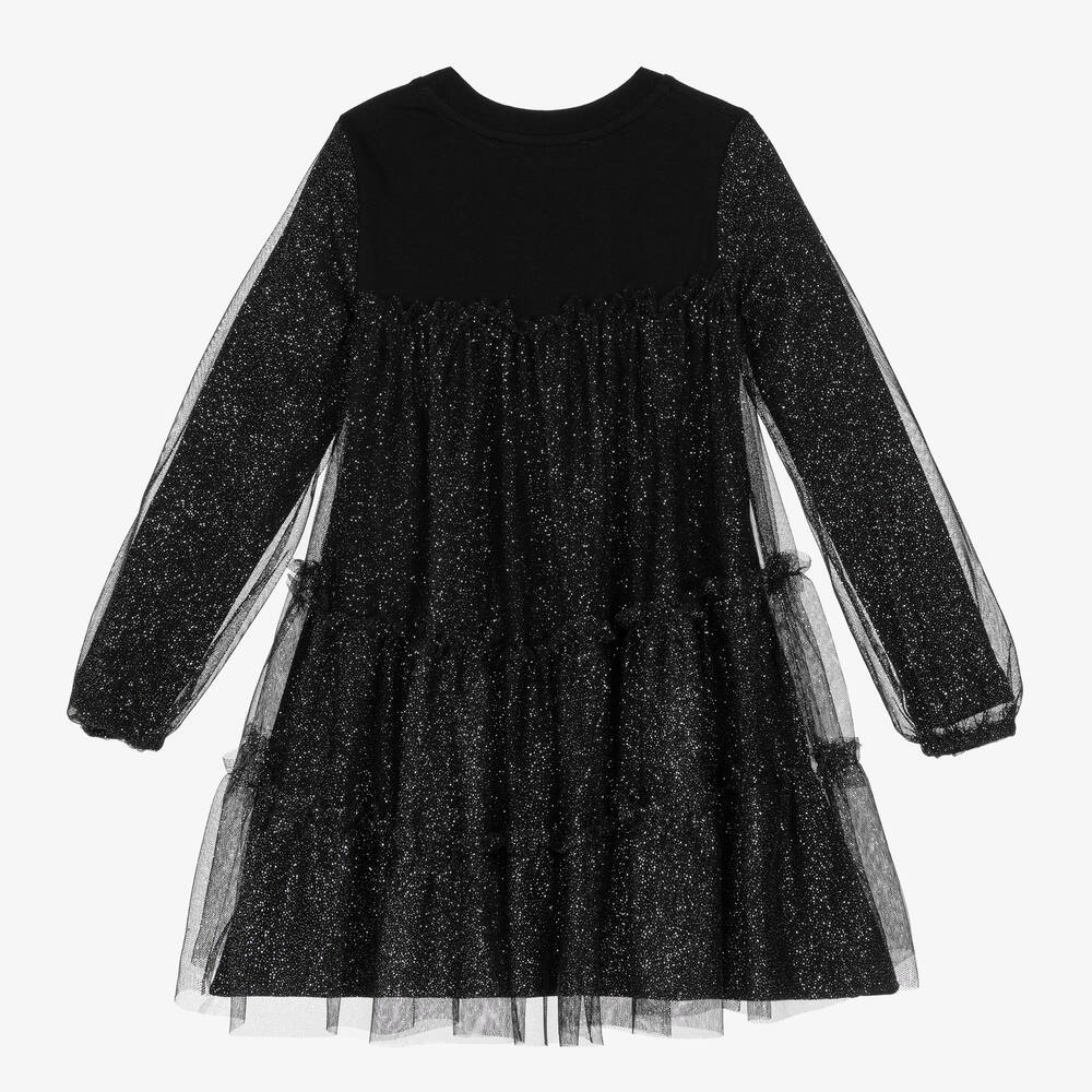 MSGM-Girls Black Cotton & Glittery Tulle Dress | Childrensalon Outlet