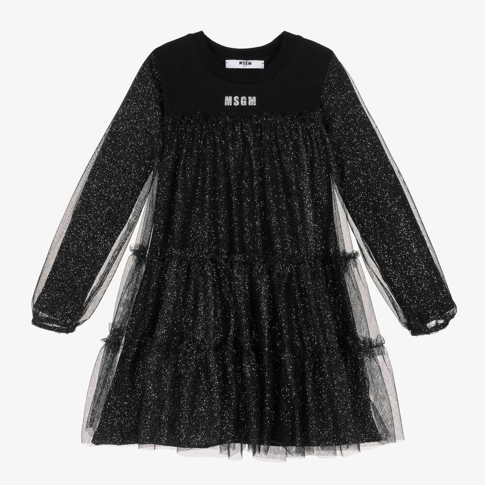 MSGM - Черное платье из хлопка и тюля с блестками | Childrensalon