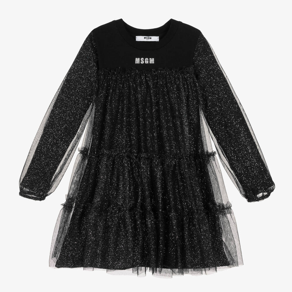 MSGM - Robe noire en coton et tulle fille | Childrensalon