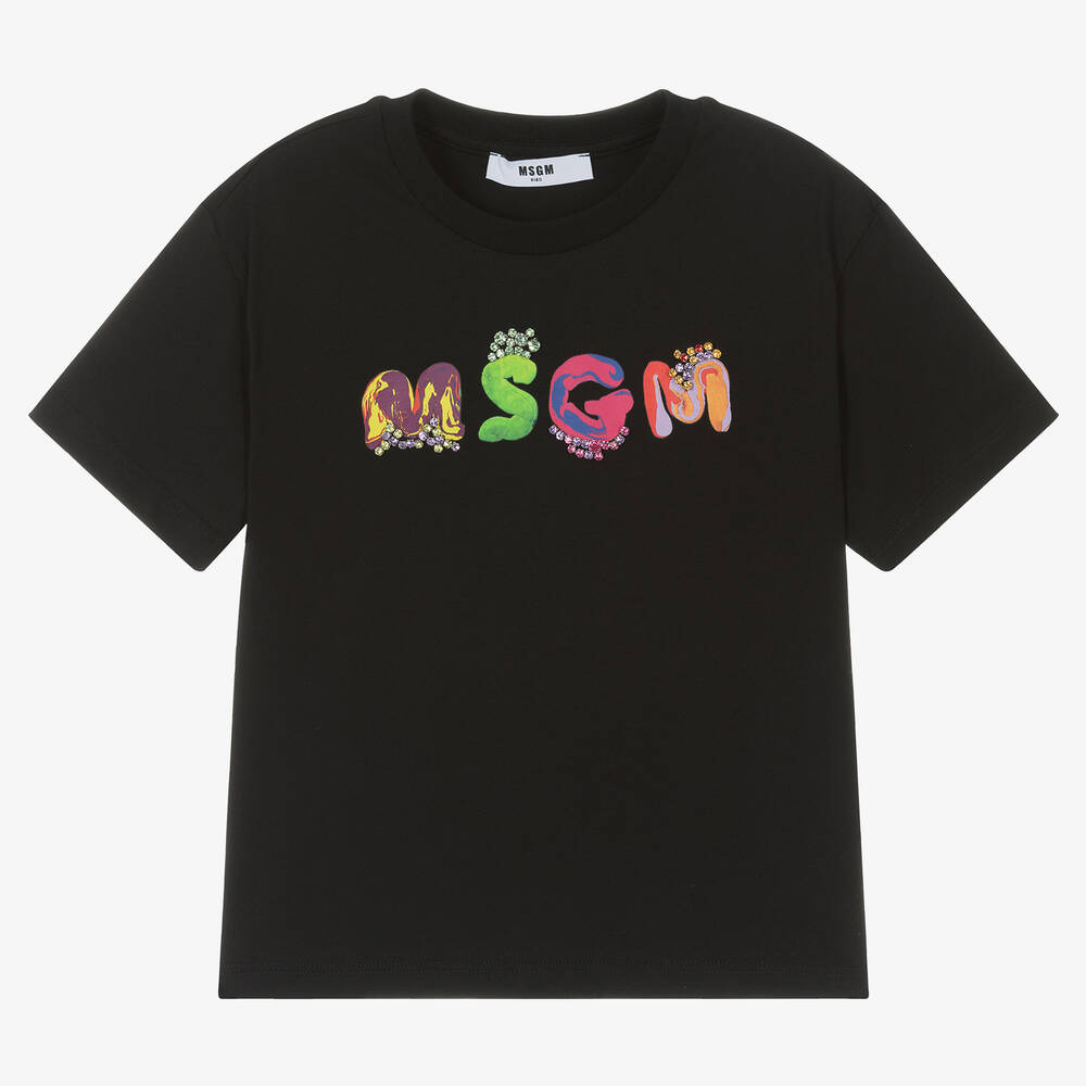 MSGM - T-shirt noir en coton à strass Fille | Childrensalon