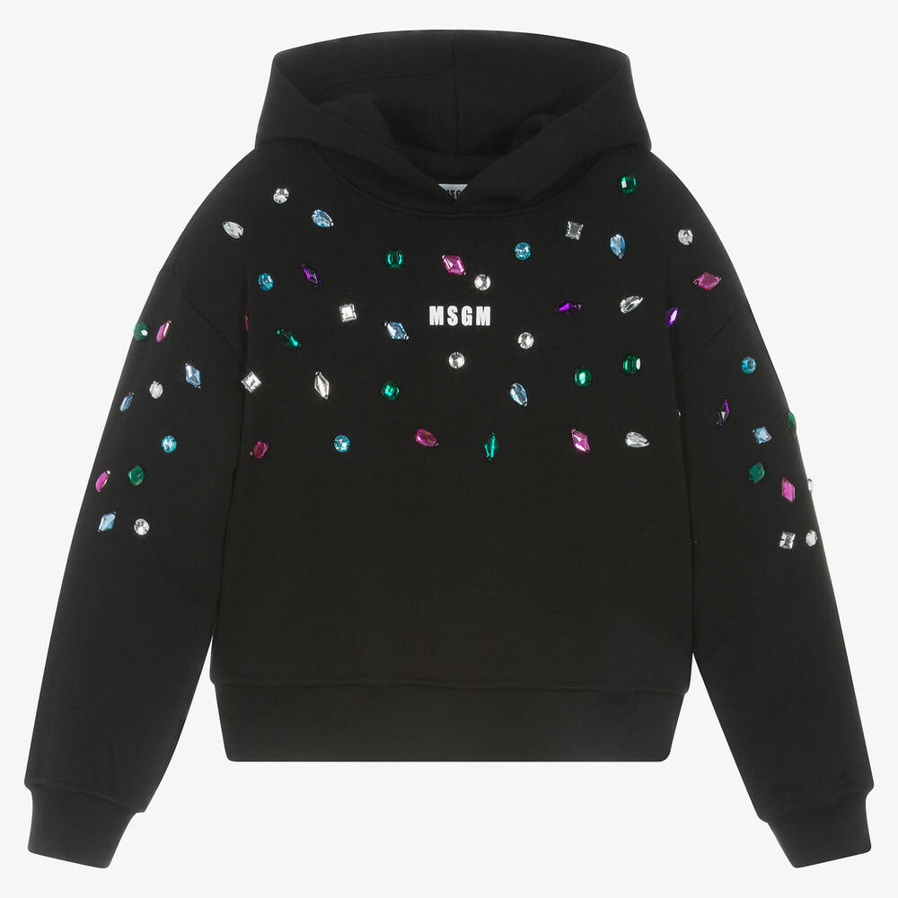 MSGM - Girls Black Cotton Jewelled Hoodie | Childrensalon