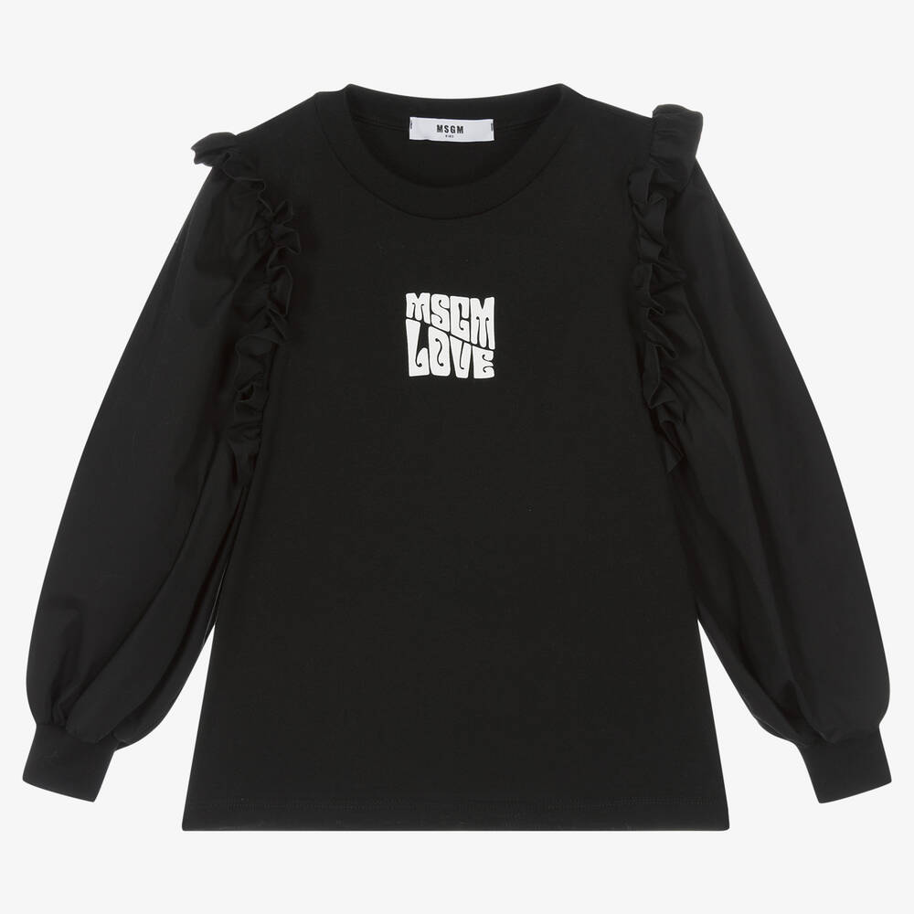 MSGM - Girls Black Cotton Logo Top | Childrensalon