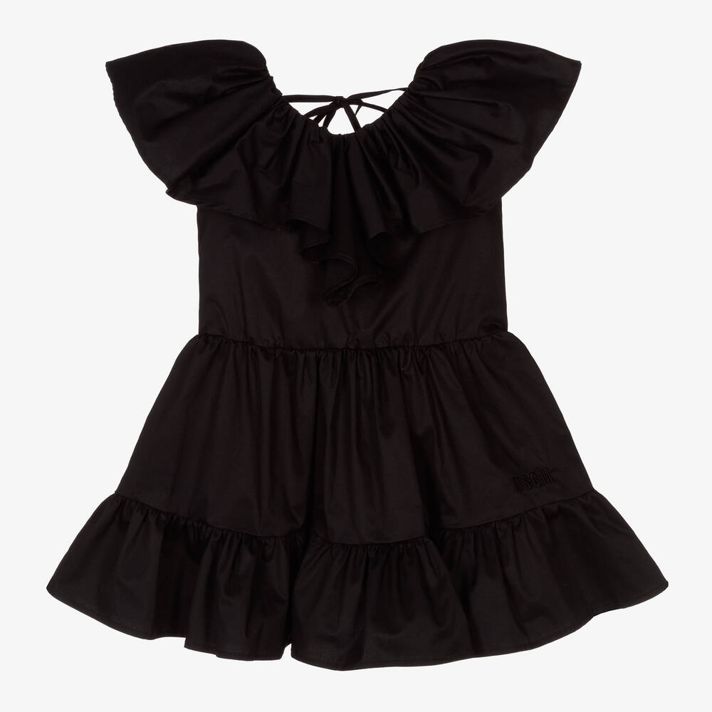 MSGM - فستان قطن بوبلين مزين بكشكش لون أسود | Childrensalon