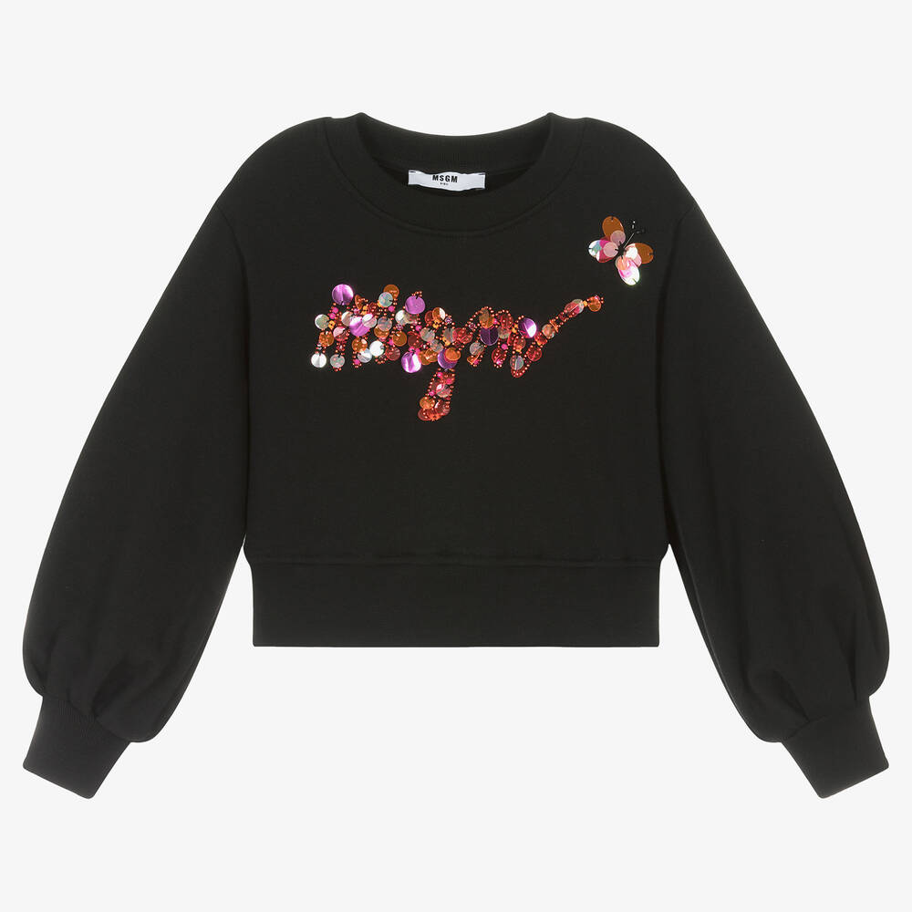 MSGM - Girls Black Cotton Sequin Sweatshirt | Childrensalon