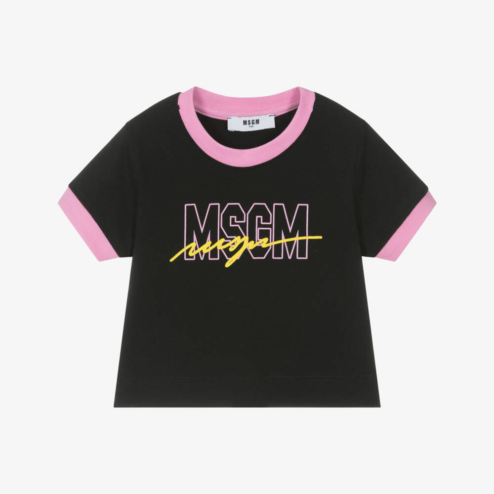 MSGM-Girls Black Cotton Tee with Logo | Childrensalon Outlet