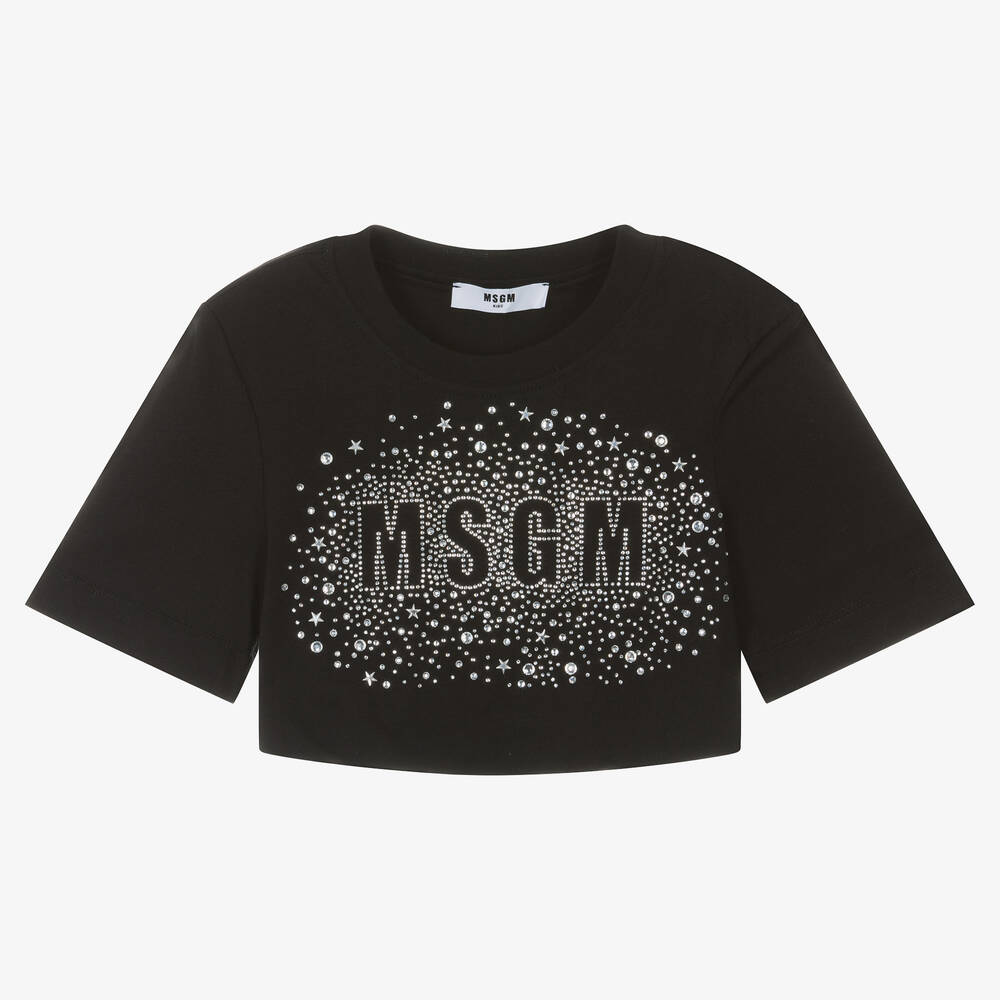 MSGM - Girls Black Cropped Diamanté T-Shirt | Childrensalon