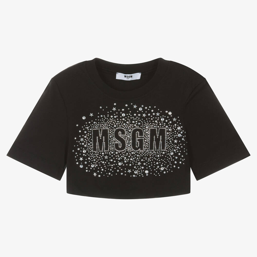 MSGM - تيشيرت كروب قطن مزين بديامنتي لون أسود للبنات | Childrensalon