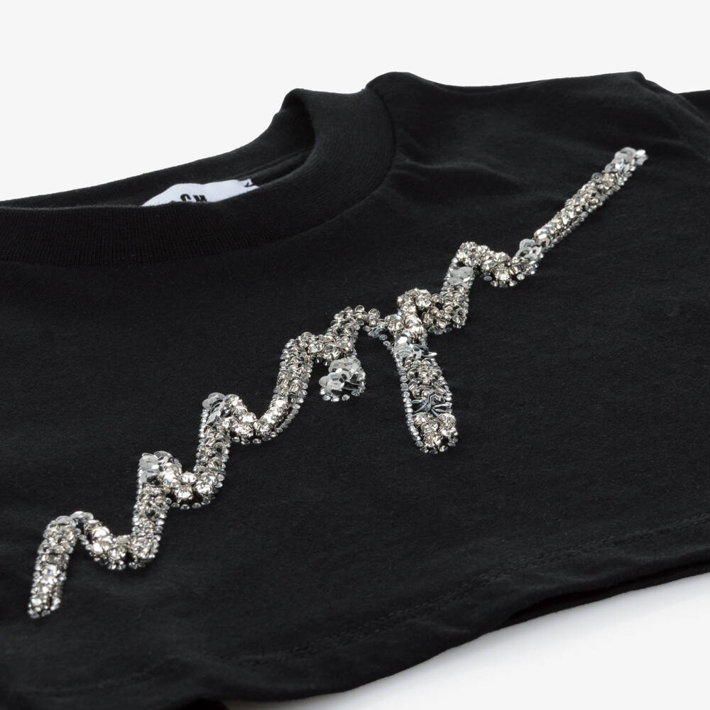 MSGM-Girls Black Diamanté Cotton Top | Childrensalon Outlet