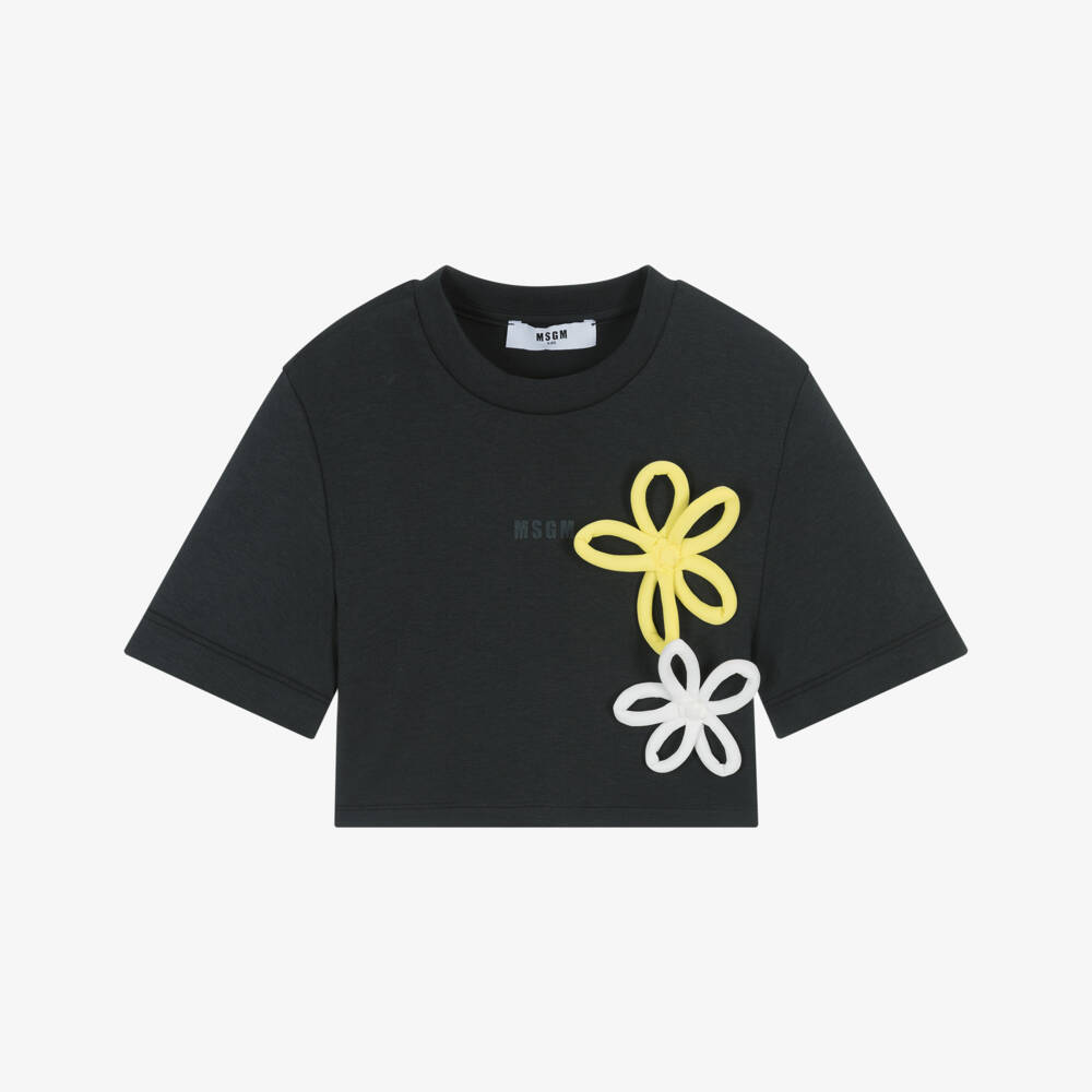 MSGM-Girls Black Floral Cotton Tee | Childrensalon Outlet