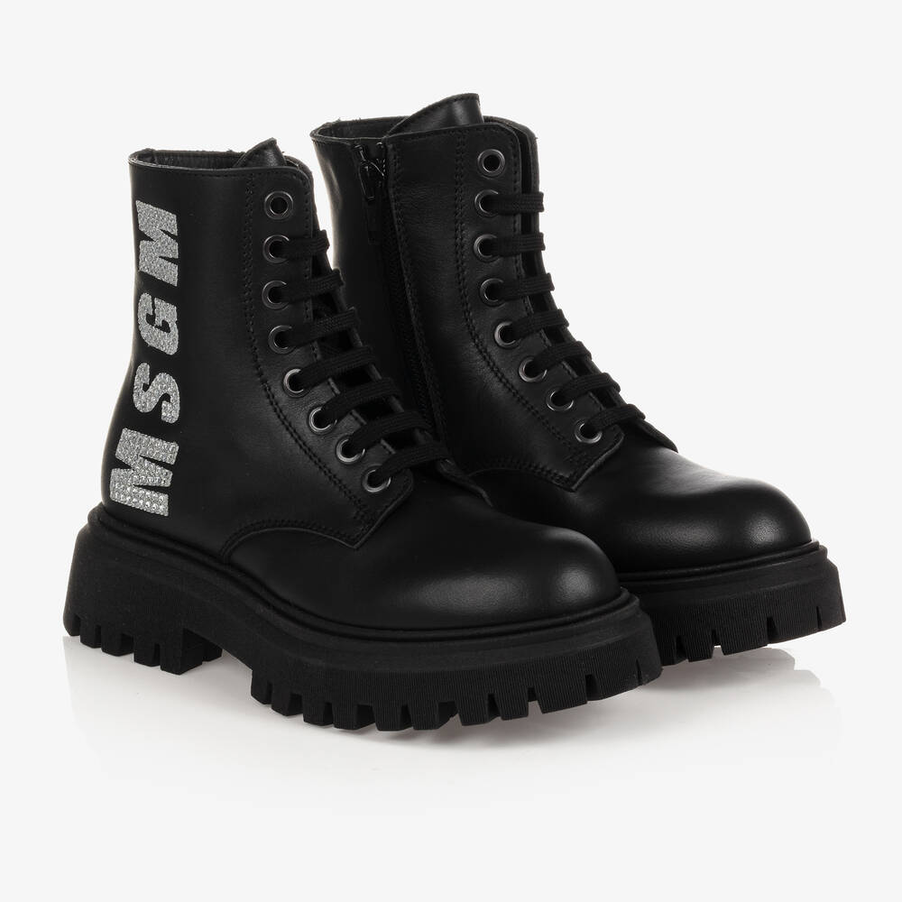 MSGM - Girls Black Leather Logo Boots | Childrensalon