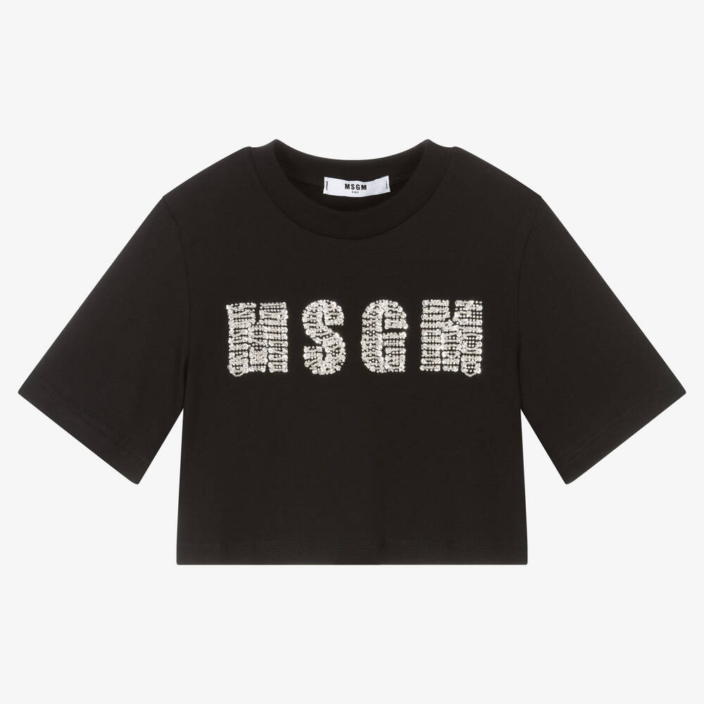 MSGM - Girls Black Logo Crop T-Shirt | Childrensalon