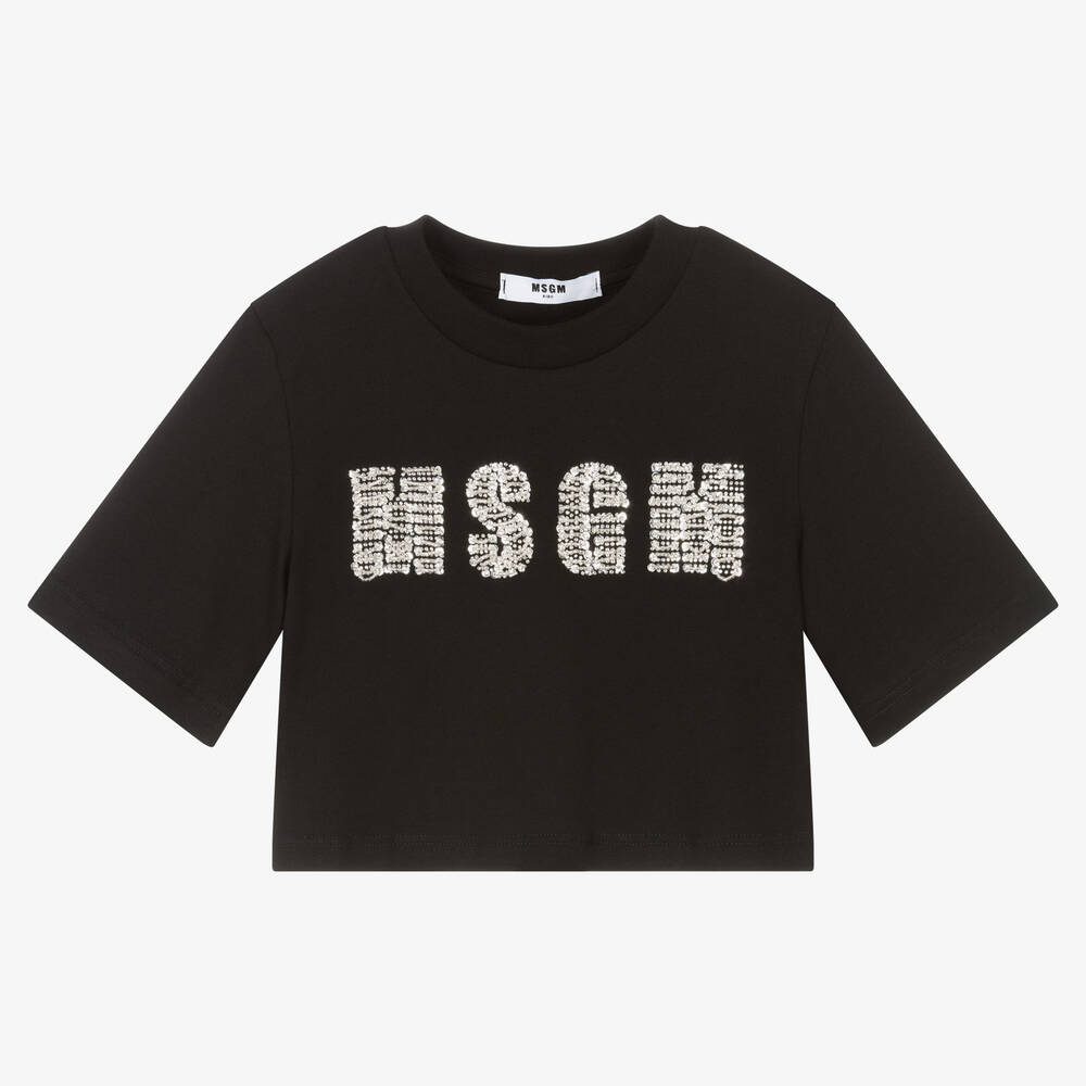 MSGM - تيشيرت قصير قطن لون أسود للبنات | Childrensalon