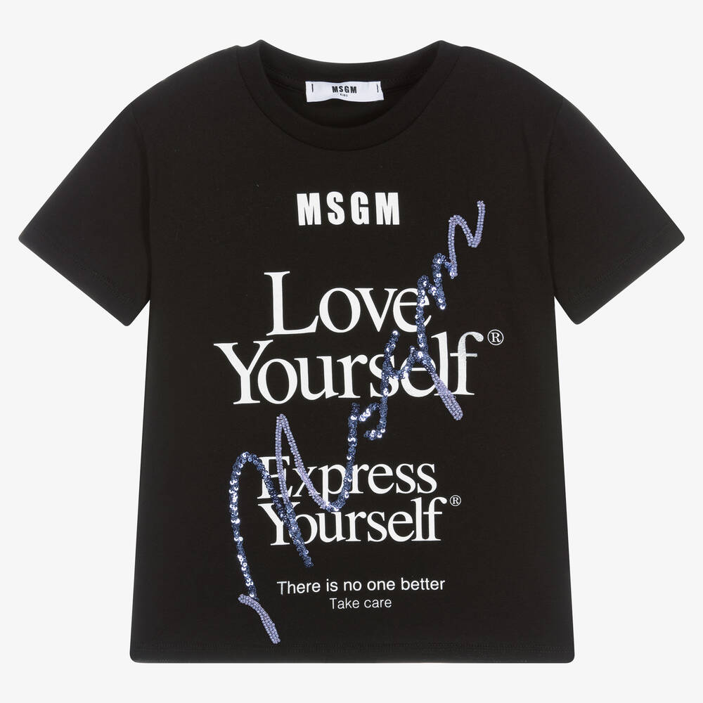 MSGM - Girls Black 'Love Yourself' T-Shirt | Childrensalon