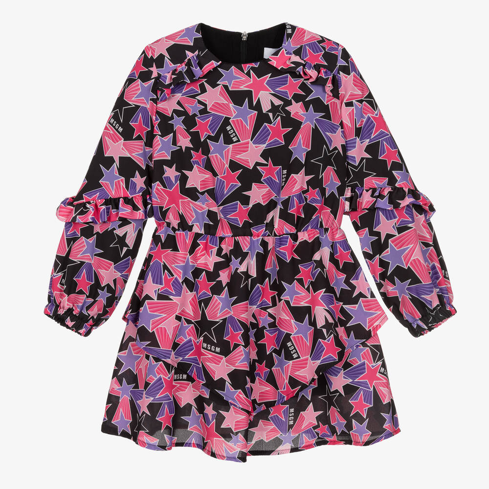 MSGM - Girls Black & Pink Star Georgette Dress | Childrensalon