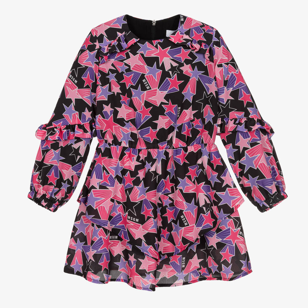 MSGM - Sterne-Georgette-Kleid Schwarz/Pink | Childrensalon