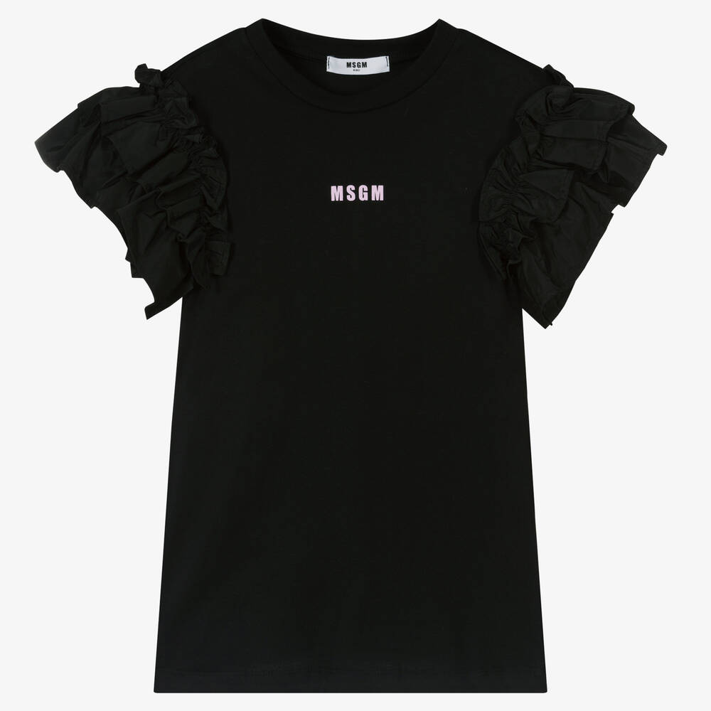 MSGM - Girls Black Ruffle Cotton Jersey Dress | Childrensalon
