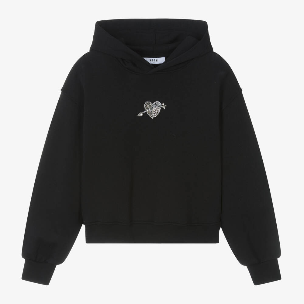 MSGM-Girls Black Sparkle Heart Hoodie | Childrensalon Outlet