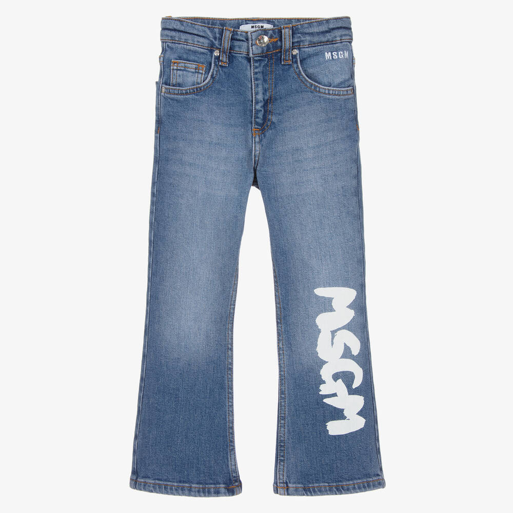 MSGM - Girls Blue Cotton Flared Jeans | Childrensalon