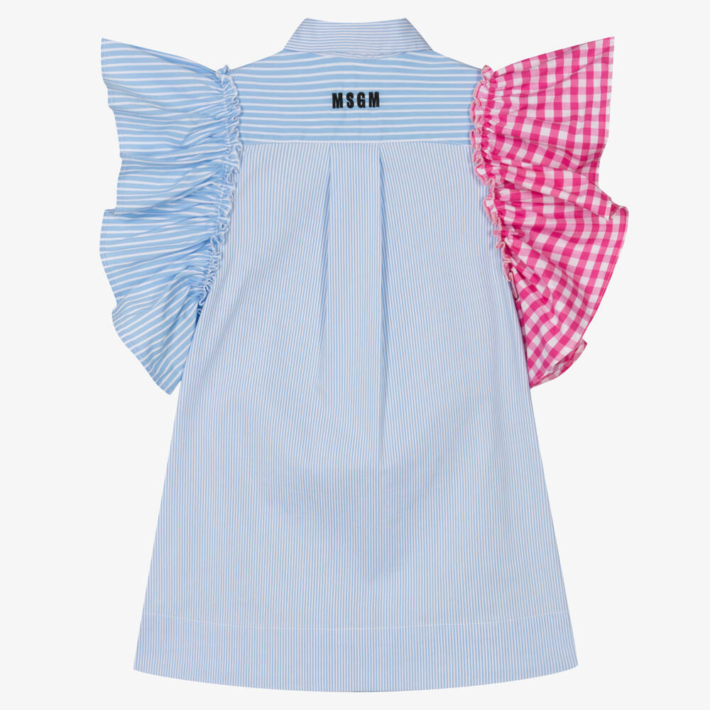 MSGM Girls Blue Cotton Stripe Ruffle Dress Childrensalon Outlet