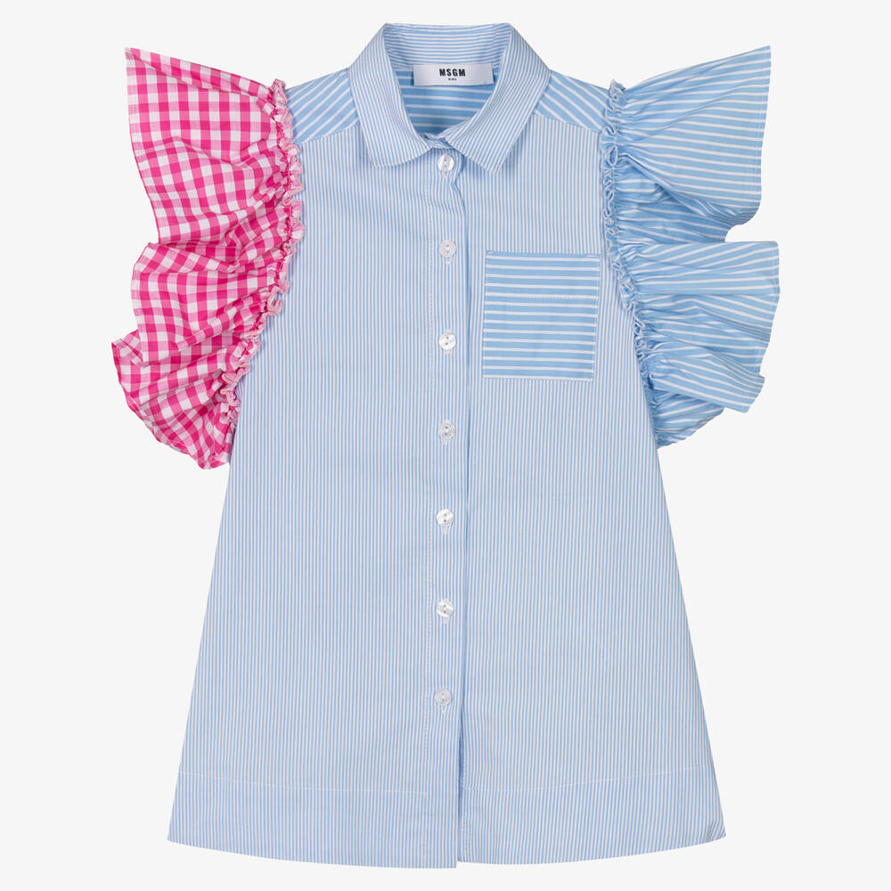 MSGM - Girls Blue Cotton Stripe Ruffle Dress | Childrensalon