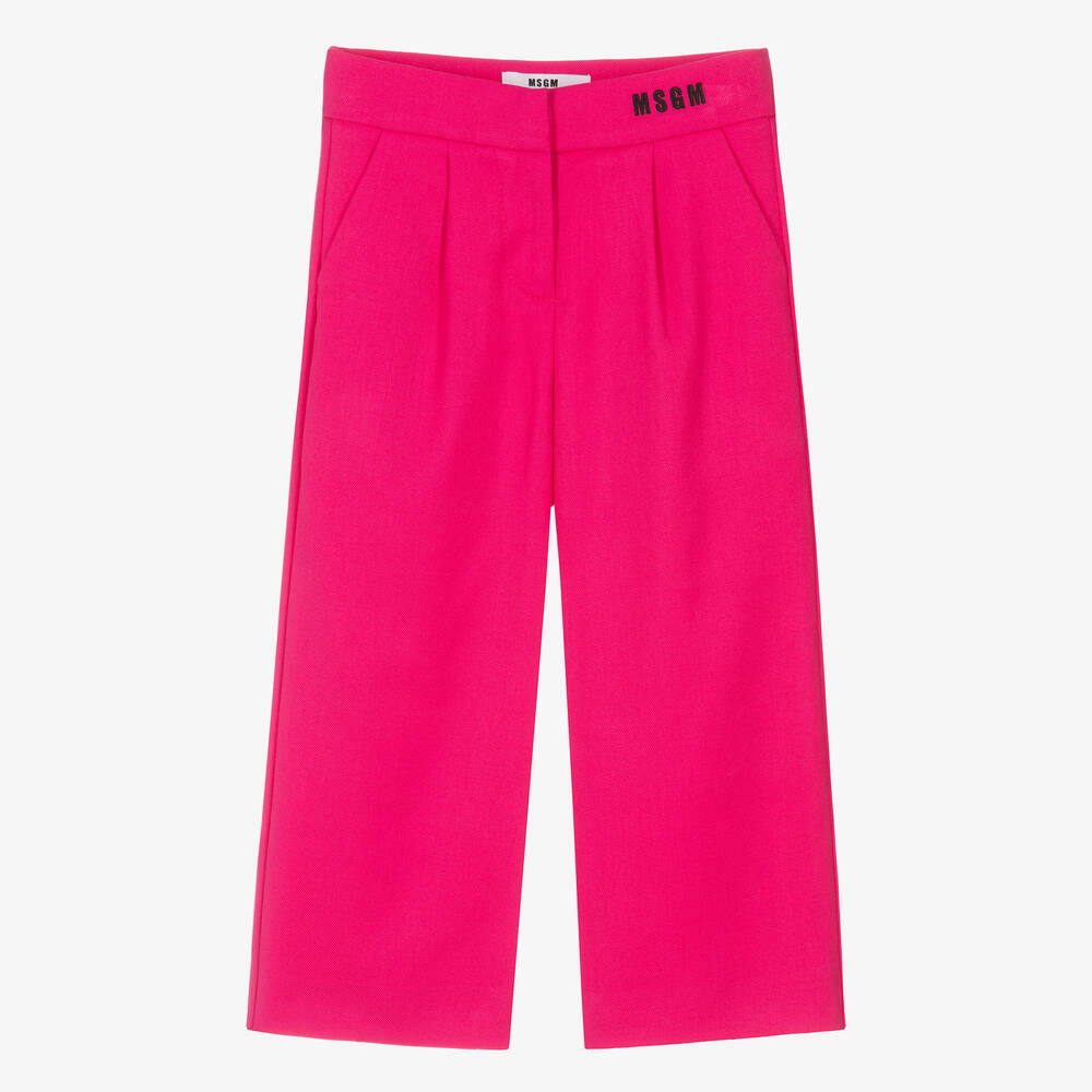 MSGM - Girls Fuchsia Pink Twill Wide Leg Trousers | Childrensalon
