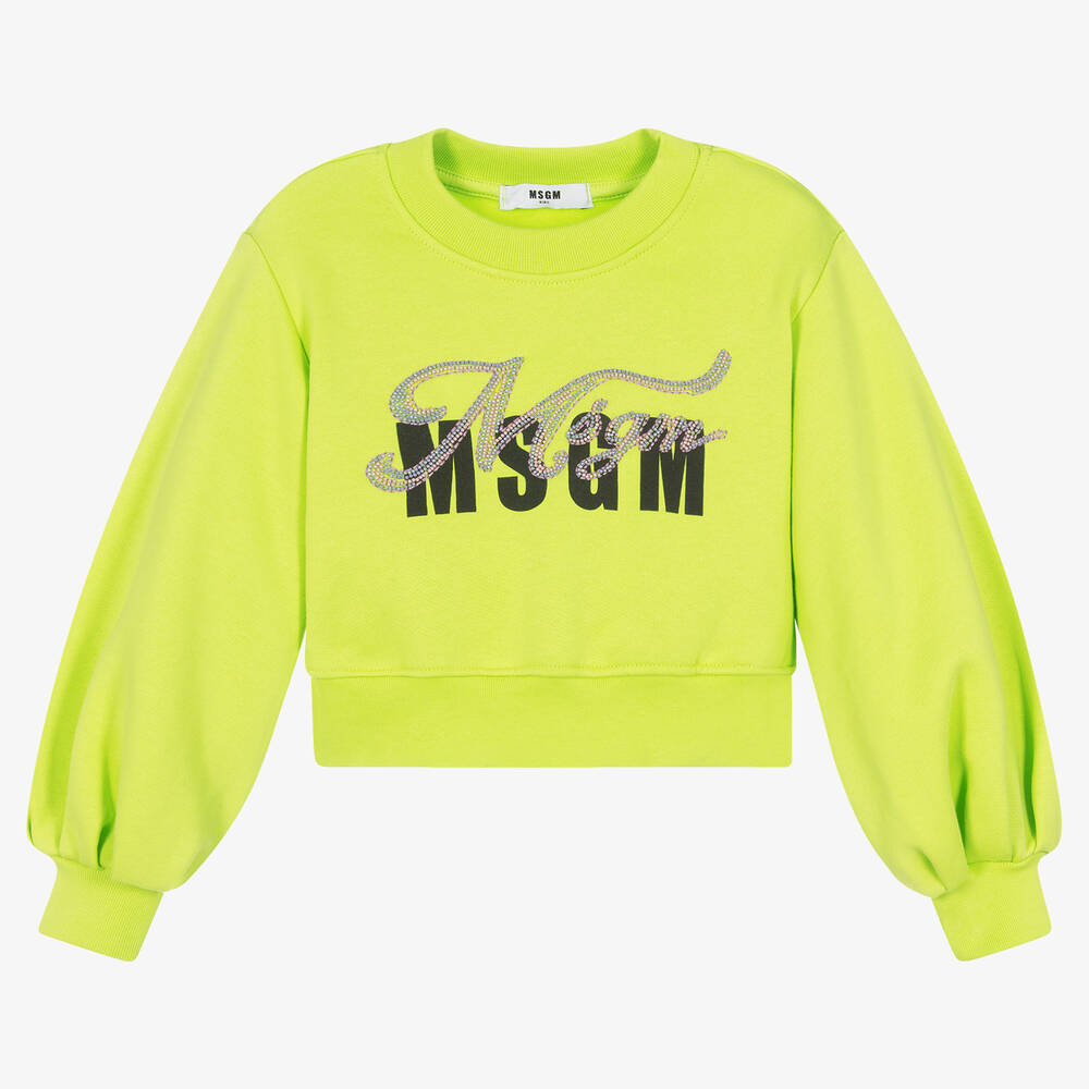 MSGM - سويتشيرت قطن لون أخضر ليموني للبنات | Childrensalon